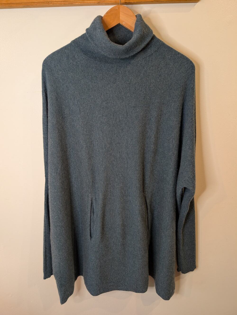Garnet Hill Womens Wool Cashmere Turtleneck Tunic Sweater XL Teal Gray Pockets